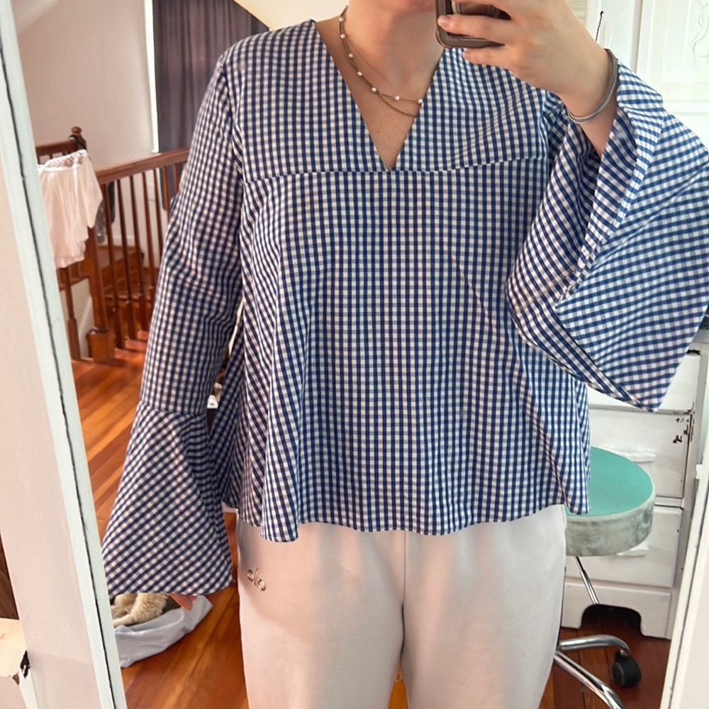 Zara Long Sleeve Blue and White Gingham bell sleeve top